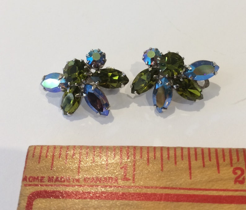 Green Blue Rhinestone Sherman Clip Earrings