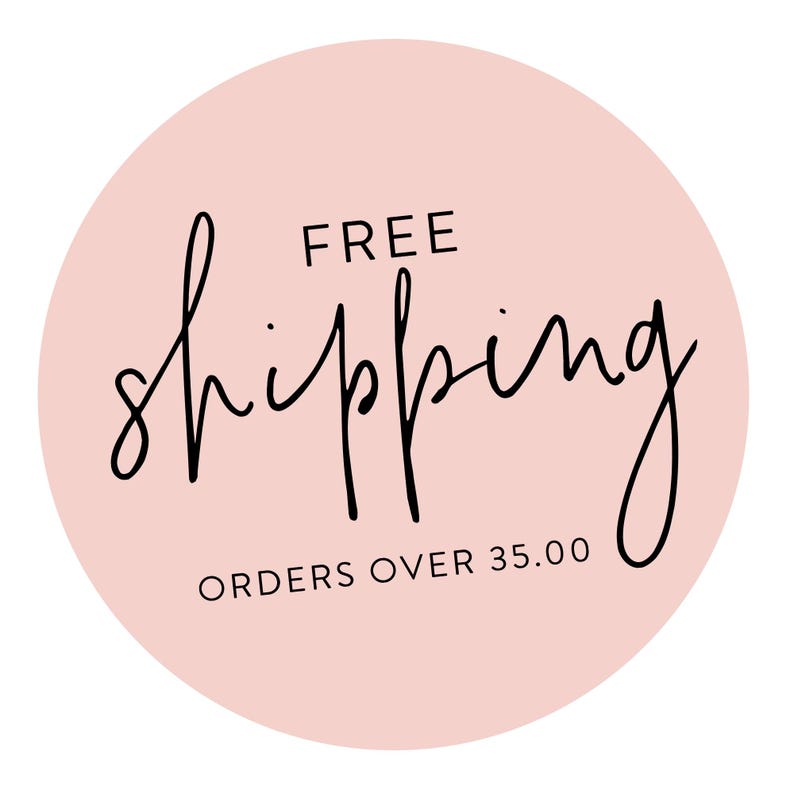K&ouml;nnte beinhalten: Ein rosa Kreis mit dem Text "FREE shipping ORDERS OVER 35.00" in Schwarz.