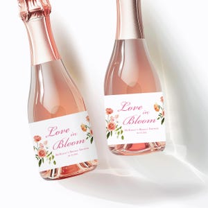 Love in Bloom Bridal Shower Labels, Bright Floral, Orange and Pink, Mini and Full size Champagne, Wine , and Prosecco bottle labels.