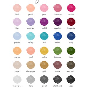 May include: A color chart with 20 different paint swatches, each with a name below it. The colors include blush, peach, petal, dusty rose, fuchsia, lilac, amethyst, orchid, eggplant, burgundy, powder, tiffany, teal, cobalt, navy, mango, coral, pollen, botanical, forest, taupe, champagne, gold, mauve, espresso, misty grey, stone, gravel, chalkboard, and black. The text at the bottom of the chart reads "DON'T SEE WHAT YOU'RE LOOKING FOR? WE CAN CUSTOM MATCH ANY COLOR."