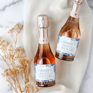 Blue Floral Bridal Shower Champagne, Wine and Prosecco Label | Mini and Full Size Labels | Bridal Shower Favor | Something Blue | Decoration