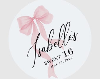 Sweet 16 Pink Bow 2 Inch Circle Favor Label Printed Sticker