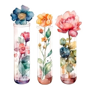 Bundle de cliparts de tubes à essai de fleurs - 10 JPG aquarelles de haute qualité - art scientifique, journalisation, scrapbooking, usage commercial, téléchargement numérique
