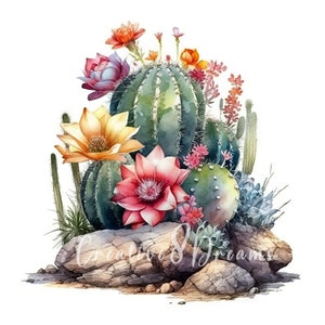 Paquete de imágenes prediseñadas de cactus entre rocas: 10 archivos JPG de acuarela de alta calidad. Imágenes del oeste, para diario, scrapbooking, uso comercial, descarga digital.