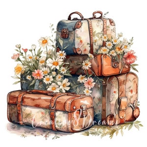 Vintage Blumen Reisetaschen Clipart Bundle - 10 hochwertige Aquarell JPGs - Travel Journaling, Scrapbooking, kommerzielle Nutzung digitaler Download