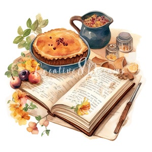Pacote de clipart do livro de receitas de tortas da vovó - 10 JPGs em aquarela de alta qualidade - Cozinha, Diário, Scrapbooking, Uso comercial, Download digital
