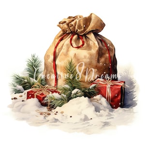 Pacote de clipart de saco de presentes do Papai Noel - 10 JPGs em aquarela de alta qualidade - Arte de Natal, artesanato, diário de sucata, suprimentos para scrapbook, download digital