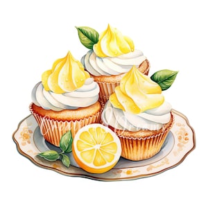 Pacote de clipart de cupcake de limão - 10 JPGs em aquarela de alta qualidade - para confeitaria, diário, scrapbooking, uso comercial, download digital