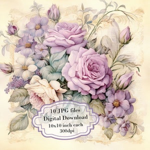 Paquete de imágenes prediseñadas de flores pastel shabby chic sobre letras antiguas: 10 archivos JPG de acuarela de alta calidad. Material para diario, álbumes de recortes y descarga digital.