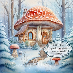 Pacchetto di clipart di "Casa magica a forma di fungo nella foresta innevata" - 10 immagini JPG di acquerelli di alta qualità - Inverno, journaling, album, download digitale