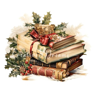 Pacchetto di clipart di libri di Natale vintage - 10 JPG acquerellati di alta qualità - Vacanze invernali, journaling, forniture per album, download digitale