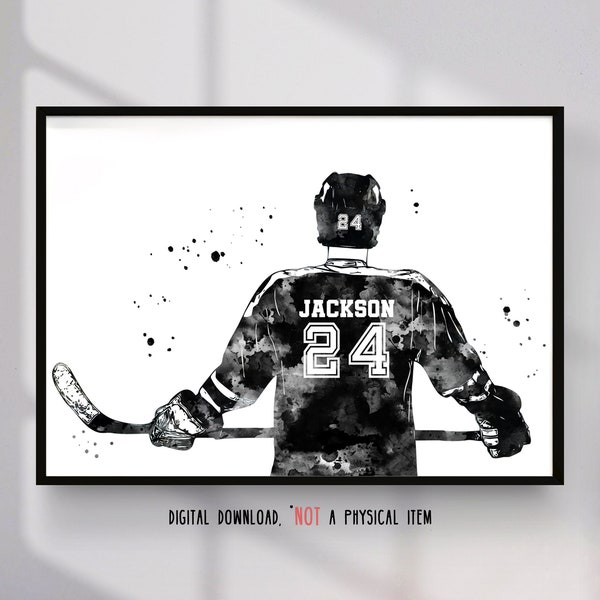 Hockeyspieler Junge personalisierte benutzerdefinierte Name und Nummer Sport Poster Aquarell Hockeyspieler Geschenk druckbare Kunst