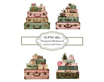 Pink Sage Vintage Christmas Suitcases PNG Clipart Bundle- Digital Download