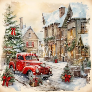 Vintage besneeuwde kerststad clipartbundel-10 hoge kwaliteit aquarel JPGs-wintervakantie, journaling, scrapbook levering, digitale download