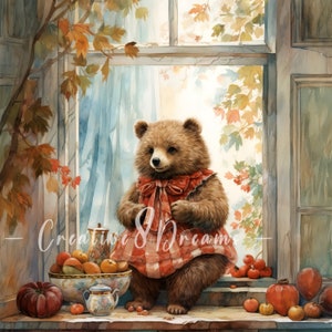 Teddy Bear in Autumn Window Scenery Clipart Bundle- 10 High Quality ...