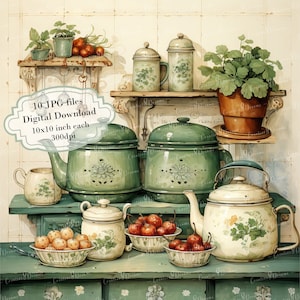 Shabby Chic Green Country Kitchen Clipart Bundle- 10 High Quality Watercolor JPGs- Decoupage, Journaling, Scrapbook Supply, Digital Download