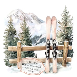 Pacchetto di clipart con tavole da sci e vista sulle montagne innevate - 10 immagini JPG ad acquerello di alta qualità - Inverno, journaling, scrapbooking, download digitale