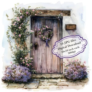 Pacchetto di clipart con ghirlanda primaverile sulla porta di un cottage - 10 immagini JPG ad acquerello di alta qualità - Campagna, journaling, forniture per album, download digitale