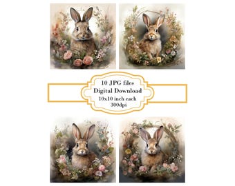 Shabby Chic Hare in Wildflower Wreath JPG Clipart Bundle- Digital Download
