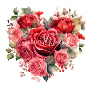 Pacote de clipart de buquê de rosas vermelhas em formato de coração - 10 JPGs em aquarela de alta qualidade - Amor, diário, material para scrapbook, download digital