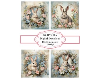 Shabby Chic Easter Wreath with Bunny JPG Clipart Bundle- Digital Download