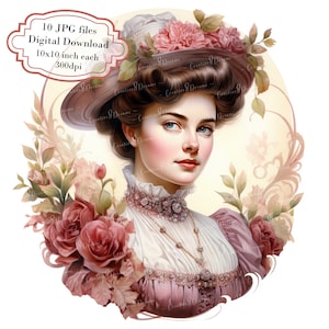 Victorian Lady in Decorative Frame JPG Clipart Bundle- Digital Download