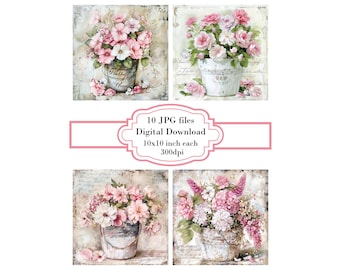 Pink White Flowers in Bucket Set Against Vintage Letter JPG Clipart Bundle- Digital Download