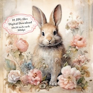 Pacchetto di clipart di coniglietti shabby chic con fiori - 10 JPG acquerellati di alta qualità - Decoupage, journaling, scrapbooking, download digitale