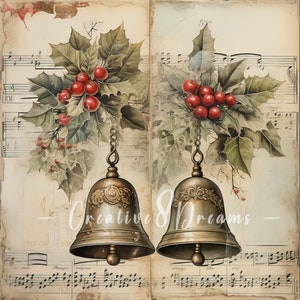 Vintage Christmas Bells on Aged Paper JPG Clipart Bundle- Digital Download