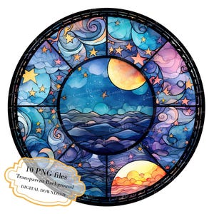 Pacote de clipart de lua de vitral com céu estrelado - 10 PNGs de aquarela de alta qualidade - Diário, material para scrapbook, download digital