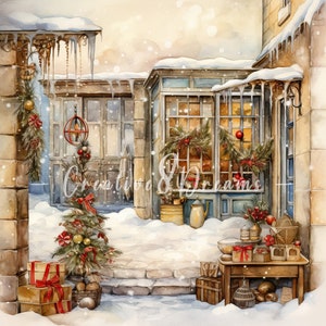 Vintage Snowy Christmas Storefront JPG Clipart Bundle- Digital Download