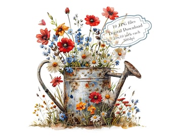 Old Rusty Watering Can with Wildflowers JPG Clipart Bundle- Digital Download
