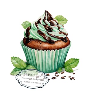 Chocolate  Chip Mint Cupcake Clipart Bundle- 10 High Quality Watercolor PNGs- Dessert, Crafting, Journaling, Scrapbooking, Digital Download