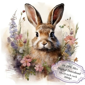 Hase im Wildblumenkranz Clipart Bundle - 10 hochwertige Aquarell JPGs - Frühlingskunst, Basteln, Journaling, Scrapbooking, digitaler Download