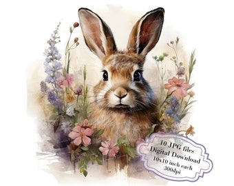 Hare in Wildflower Wreath JPG Clipart Bundle- Digital Download