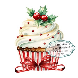 Paquete de imágenes prediseñadas de cupcakes navideños: 10 archivos JPG de acuarela de alta calidad para fiestas de invierno, celebraciones, diarios, álbumes de recortes y descargas digitales.