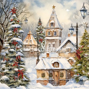 Bundle de cliparts vintage village de Noël enneigé - 10 JPG aquarelles de haute qualité - vacances d'hiver, journalisation, scrapbooking, téléchargement numérique