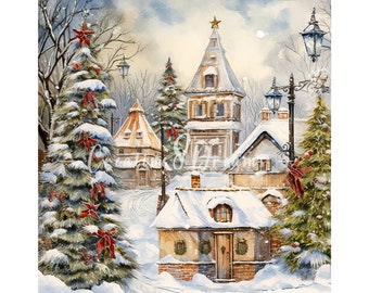 Vintage Snowy Christmas Village JPG Clipart Bundle- Digital Download