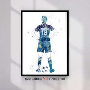 Soccer Player Girl Personalized Custom Name and Number Sport Poster Watercolor European Football Player Gift Printable Wall Art