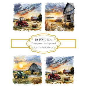 Tractor by an Old Barn at Sunset PNG Clipart Bundle- Digital Download