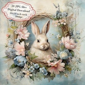 Shabby Chic Osterkranz mit Häschen Clipart Bundle - 10 hochwertige Aquarell JPGs - Frühlingskunst, Journaling, Scrapbooking, digitaler Download