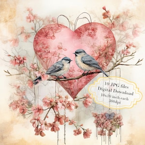 Pacote de clipart de pássaros do amor da primavera com corações e estilo Shabby Chic - 10 JPGs em aquarela de alta qualidade - Arte de amor, diário, álbum de recortes, download digital