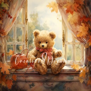Teddy Bear in Autumn Window Scenery Clipart Bundle- 10 High Quality ...