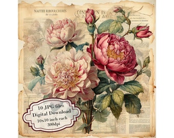 Beautiful Flowers on a Vintage Newspaper Clipart Bundle- 10 High Quality Watercolor JPGs- Decoupage, Journaling, Scrapbook, Digital Download