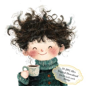 Paquete de imágenes prediseñadas de un niño con el pelo desordenado sosteniendo una taza caliente: 10 imágenes JPG de acuarela de alta calidad. Descarga digital para manualidades, diarios y álbumes de recortes.