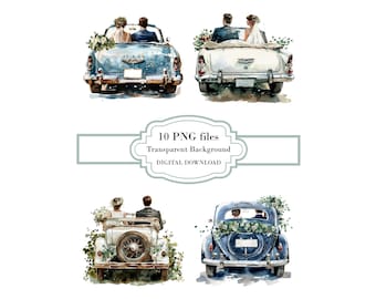 Bride and Groom in Just Married Wedding Car PNG Clipart Bundle- Digital Download