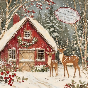 Pacchetto di clipart di cervi vicino a un fienile rosso festivo - 10 JPG acquerellati di alta qualità - Vacanze invernali, journaling, album, download digitale