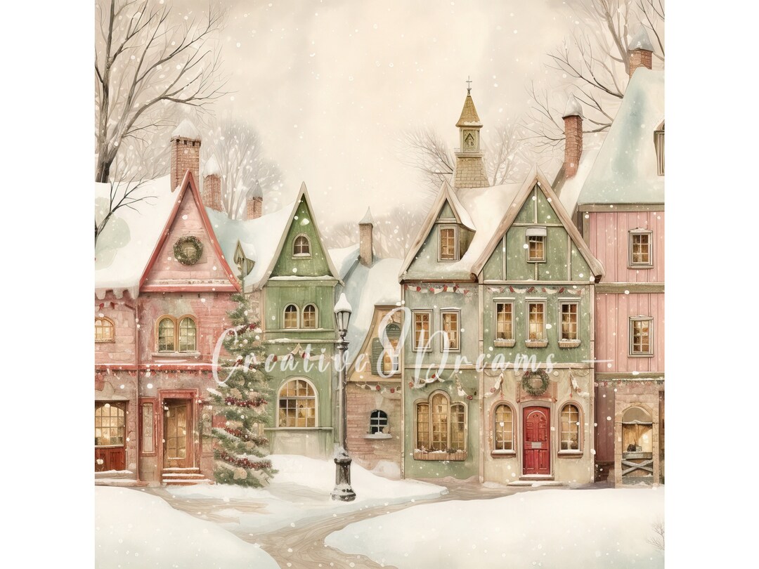 Pink Sage Snowy Christmas Town Scenery Clipart Bundle 10 High Quality ...