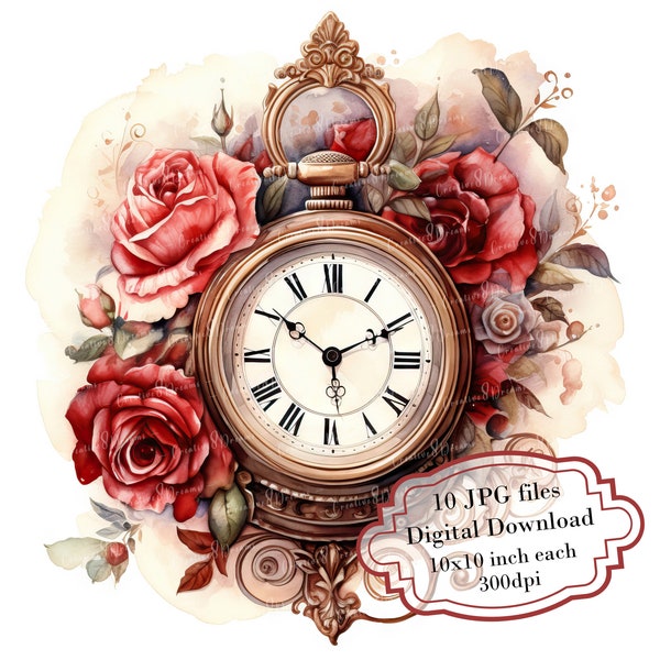 Vintage Pocket Watch with Roses Clipart Bundle- 10 High Quality Watercolor JPGs- Crafting, Journaling, Scrapbook Supply, Digital Download