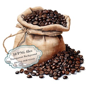 Paquete de imágenes prediseñadas de sacos de café vintage: 10 PNG de acuarela de alta calidad. Ideal para cocina, manualidades, diario, scrapbooking y descarga digital.
